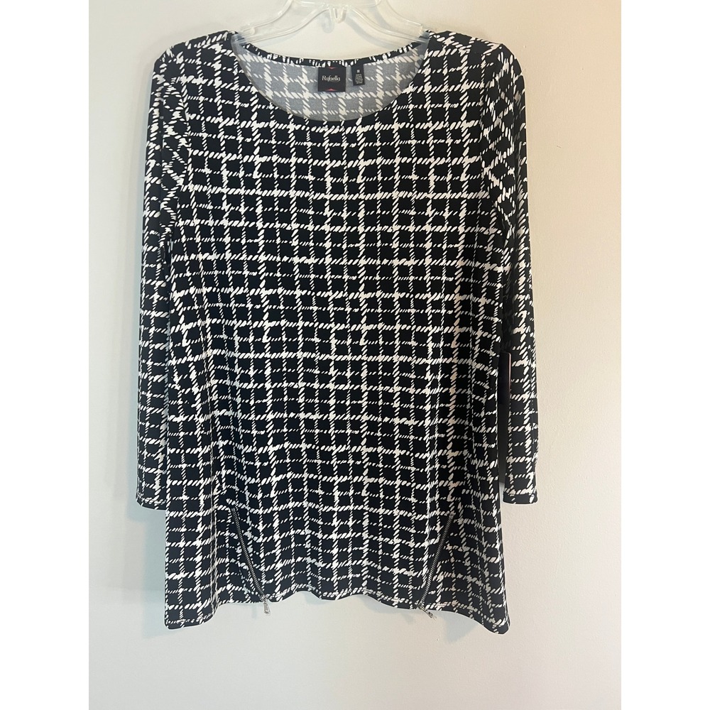 Rafaella Womens Black White Modern Tapestry Grid Zip Tunic Top New